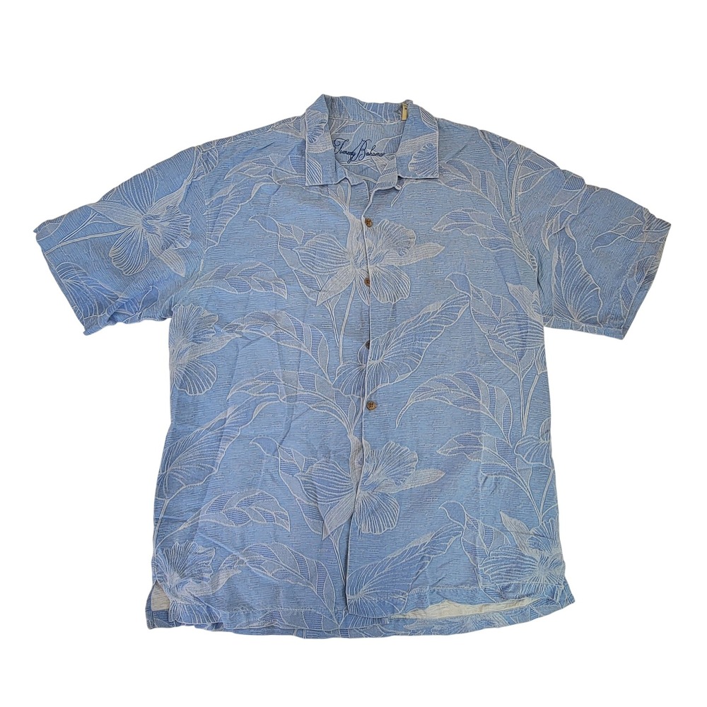 Tommy‎ Bahama Men's L Blue Floral Silk Short Sleeve Hawaiian Shirt Relaxed Fit